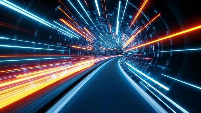 Futuristic tunnel with vibrant light trails showcasing speed and motion in a digital landscape