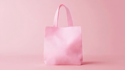 A pale pink tote bag stands upright against a matching pink background; simple, minimalist design with short handles