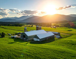 Sunset Farm Aerial View with Green Fields.