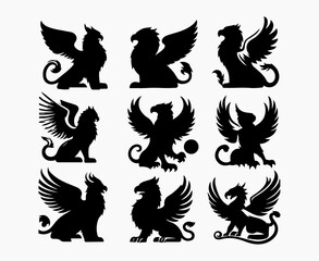  Set of Black Griffin Silhouettes - Various Poses