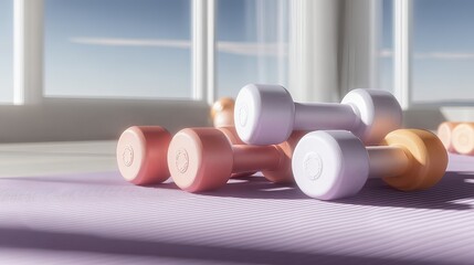 Pastel dumbbells rest on yoga mat near window