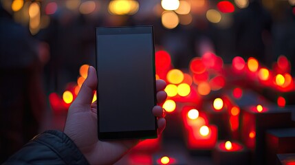A hand holds a smartphone with a dark screen in front of a blurred background of numerous glowing red and yellow candles at night