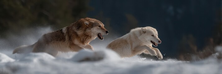 Thrilling wildlife action scene of predators in motion amidst snowy landscape