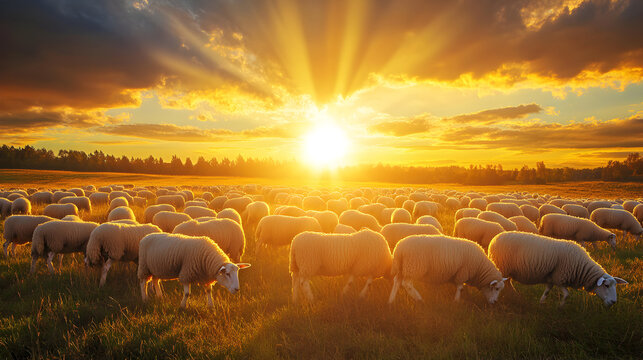 A flock of sheep grazing in a field at sunset with golden light.