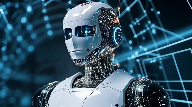 Futuristic humanoid robot with intricate circuitry, set against a digital background of glowing lines