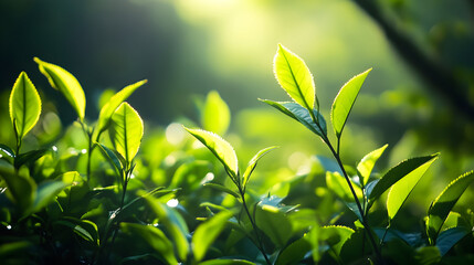 Fototapeta premium Green tea leaves illuminated by sunlight in a natural outdoor setting.