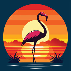 Fototapeta premium Pink flamingo silhouette against a beautiful sunset in nature