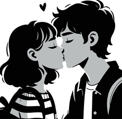 Young couple kissing in love illustration with minimal style.  teenager's first kiss. 