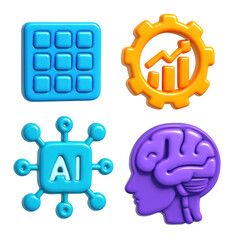 Obraz premium 3D Plastic Icon Set Featuring Blue Grid Orange Gear with Chart Purple Brain and AI Symbol on Transparent Background