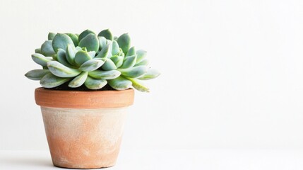 Green Succulent Plant in Terracotta Pot on Simple White Background