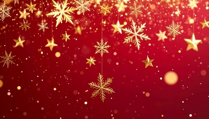 Gold snowflakes and stars on red background