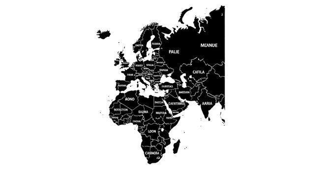 Detailed political map of the EMEA region, Europe, Middle East, and Africa. Black vector graphic with country labels for global concepts.