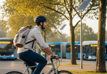 A man commuting to work on a city bike, carrying a canvas backpack with a reusable coffee tumbler in its side pocket. He rides along a tree-lined urban path, dressed in a neutral-toned outfit