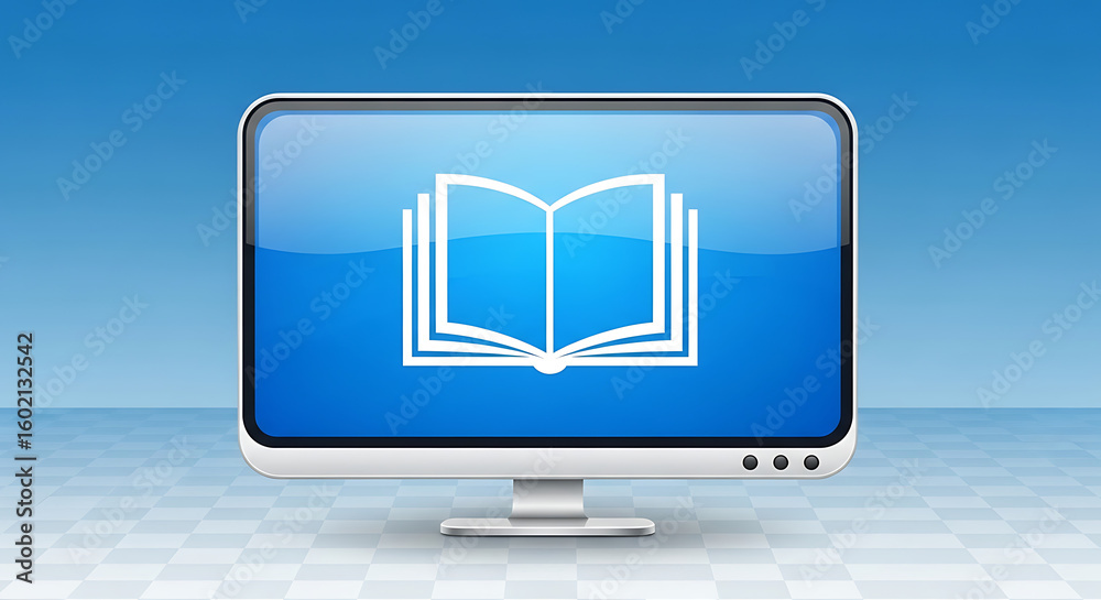 Poster white computer monitor displaying a white open book icon against a blue background and checkered sur