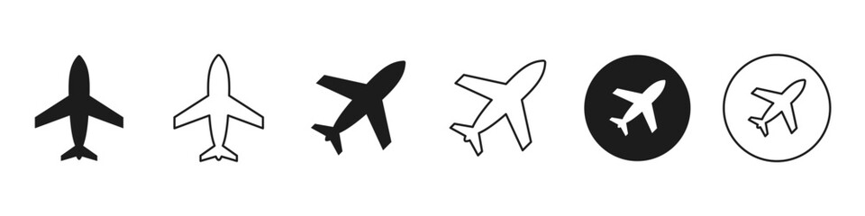Airplane icon set. Aircraft logo sign, flight transport symbol. Airport, plane, travel, aviation. Vector and png transparent