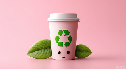 Cute pink coffee cup with recycling symbol and smiling face, surrounded by green leaves on pink background