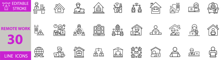Remote Work Icon Set – Line Style Vector for Freelance, Home Office, and Online Collaboration, team work, stayhome, online work, home office, network.