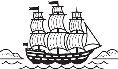 Naklejka premium A black-and-white drawing of a classic sailing ship with billowing sails, cruising over ocean waves, with distant hills in the background.