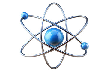 Shiny metallic atom model with blue orbiting electrons and nucleus isolated on a transparent background
