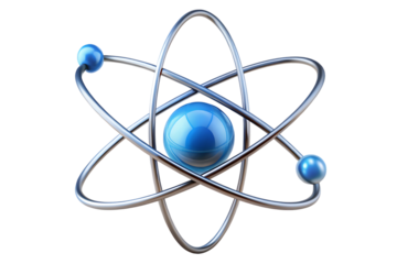 Shiny metallic atom model with blue orbiting electrons and nucleus isolated on a transparent background