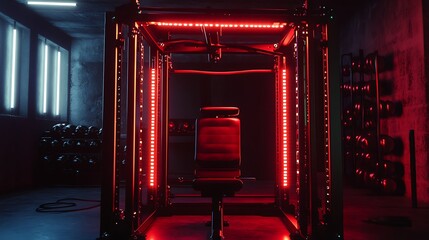 Obraz premium Fitness Equipment's Intensity: A dynamic shot highlighting fitness equipment, bathed in an energetic glow, showcasing an active lifestyle focus.