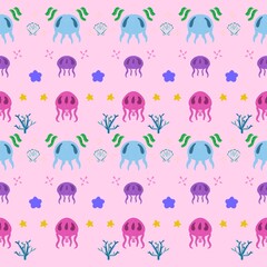 Fototapeta premium Jellyfish pattern, Under the sea pattern, Ocean creatures pattern, Cute jellyfish design, Kids' fabric pattern