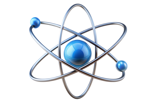 Shiny metallic atom model with blue orbiting electrons and nucleus isolated on a transparent background