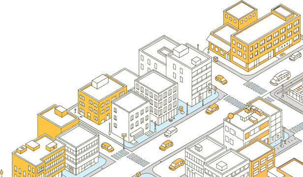 isometric city block illustration with multi-story buildings, streets, cars, and urban elements in modern architectural style for design, real estate, and smart city visuals