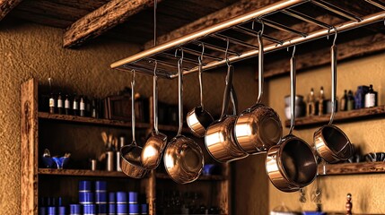 Rustic kitchen copper pots hanging shelves storage
