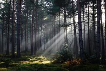 Obraz premium Stunning sun rays pierce through the misty forest, creating a magical and inspiring scene for nature lovers and outdoor enthusiasts to explore