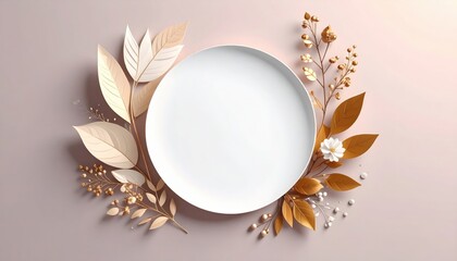 Elegant decorative plate surrounded by natural elements minimalist setting still life photography soft lighting artistic presentation