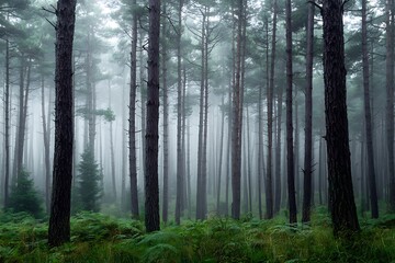 Naklejka premium Enchanting misty forest landscape with towering pine trees and lush green ferns for nature lovers and outdoor adventures seekers alike