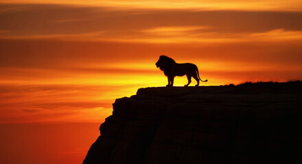 Majestic lion silhouette at sunset on a rocky outcrop overlooking africa