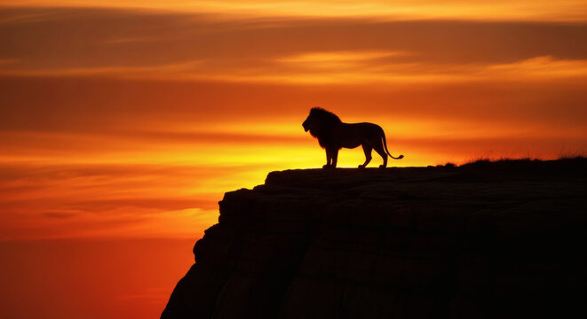 Majestic lion silhouette at sunset on a rocky outcrop overlooking africa - Powered by Adobe
