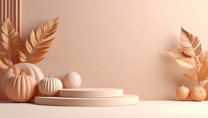 Elegant minimalist display of soft peach pumpkins and foliage in a modern interior setting artistic photography calm environment