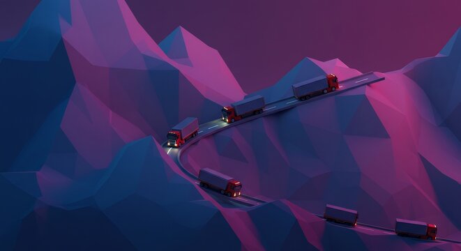 Trucks Driving on Mountain Road at Night Low Poly