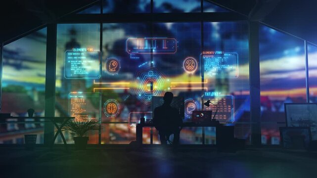 Programmer developing a brain-computer interface on a virtual display