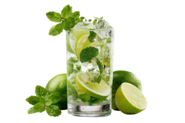Refreshing summer mojito cocktail with fresh lime slices, mint leaves, and sparkling soda water, high-resolution transparent PNG cutout ideal for tropical drink branding, cocktail menu designs