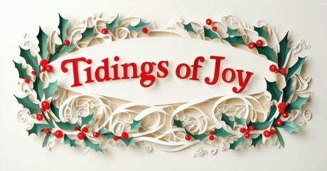 Festive papercraft design features Tidings of Joy text. Holly leaves, berries, swirls create ornate holiday greeting. Warm tones present cheerful vibe.