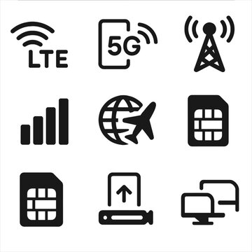 Vector icon globe sim roaming wave chip icons mobile airplane esim tethering