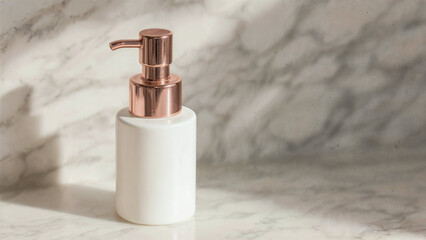 Luxurious white skincare bottle, rose gold pump, marble backdrop, diffused light, focus on bottle details.