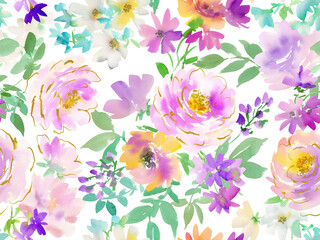 Watercolor seamless floral pattern with abstract hand painted purple peonies, wild flowers and gold line art on a transparent background. Botanical textile design for fabric. Floral wallpaper.