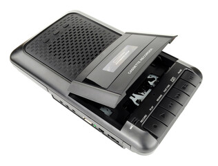 Retro style audio compact cassette player and recorder in black isolated on a white background