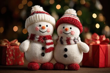 White sock snowman with red accessories boy and girl against a backdrop of a Christmas tree and presents