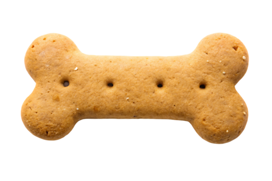 Single dog biscuit shaped like a bone with four holes and speckled texture isolated on a transparent background