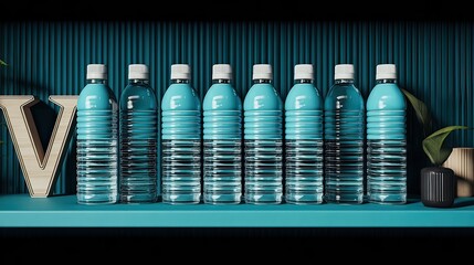 Teal shelf, bottled water, plants, studio