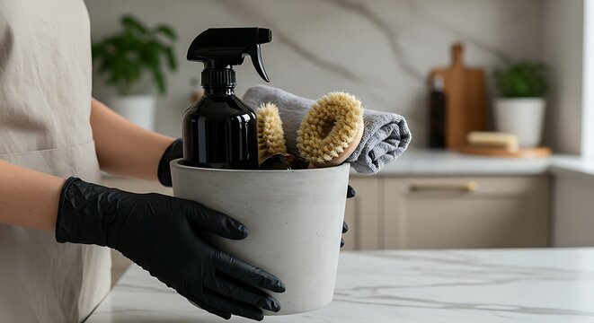 Eco-Friendly Cleaning Supplies In Modern Kitchen For Sustainable Home Care And Housekeeping