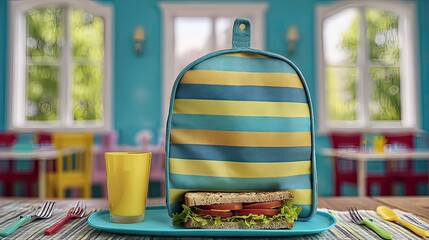 Striped lunchbox, sandwich, drink, classroom, daycare