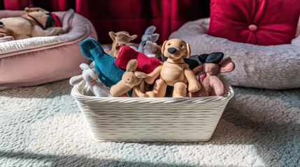 Stuffed animals in basket, bedroom, sunny day, storage