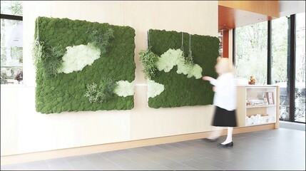 Woman admiring preserved moss wall art in modern lobby